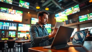 Engaged bettor reviewing sports betting sites Texas options in a lively sports bar atmosphere.