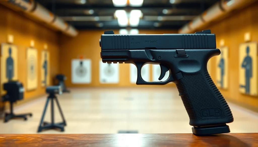 Showcase the glock 19 pf940c highlighting its detailed design in a shooting range.