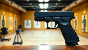 Showcase the glock 19 pf940c highlighting its detailed design in a shooting range.