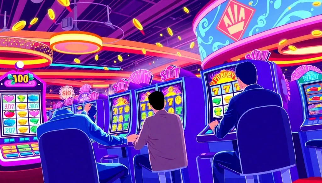 Menampilkan slot deposit pulsa yang seru dengan pemain di mesin slot virtual.