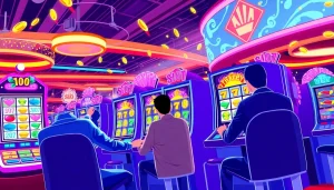 Menampilkan slot deposit pulsa yang seru dengan pemain di mesin slot virtual.