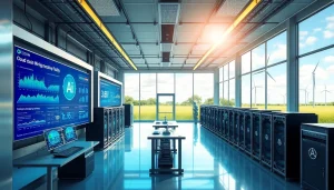 Dynamic view of a Dogecoin cloud mining facility featuring advanced technology and renewable energy sources.