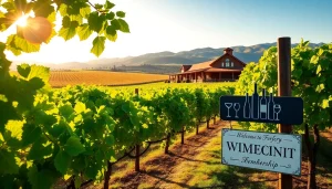 Engaging view of a Winery Membership sign amidst lush vineyards and rustic architecture.