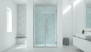 Showcasing glass shower doors in a modern bathroom with sleek design.