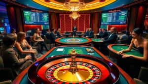 Players enjoying a thrilling casino experience at hello88.com with luxury tables and vibrant chips.