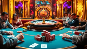 Players strategizing in an upscale casino while enjoying rikvip game bài đổi thưởng.