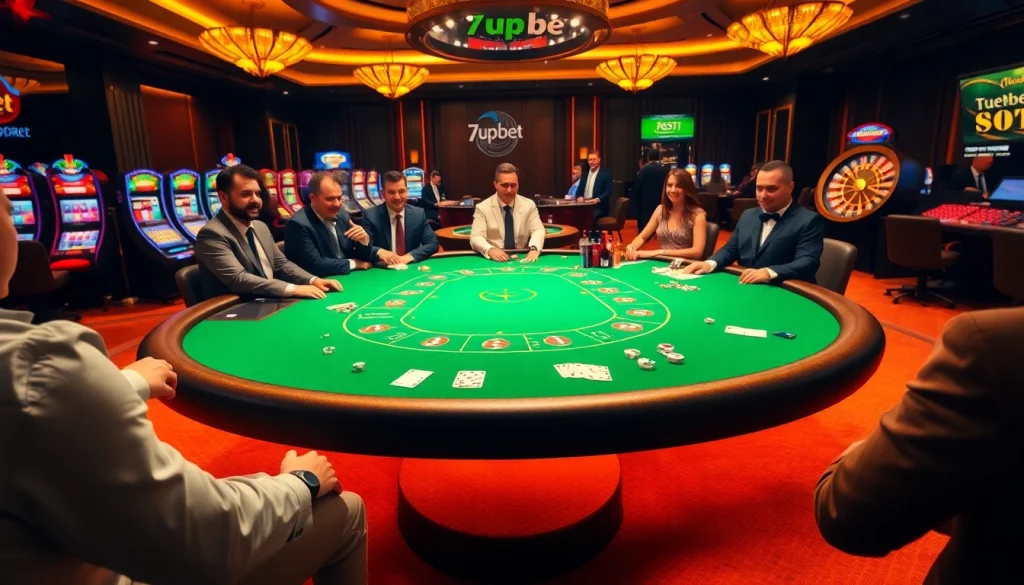 Experience the thrill of 7upbet with players at an exquisite blackjack table in a vibrant casino setting.