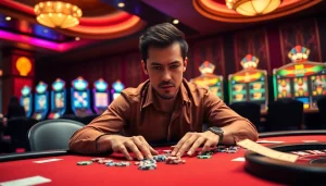 Experience the thrills of idnslot at a luxurious casino poker table with vibrant chips and cards.