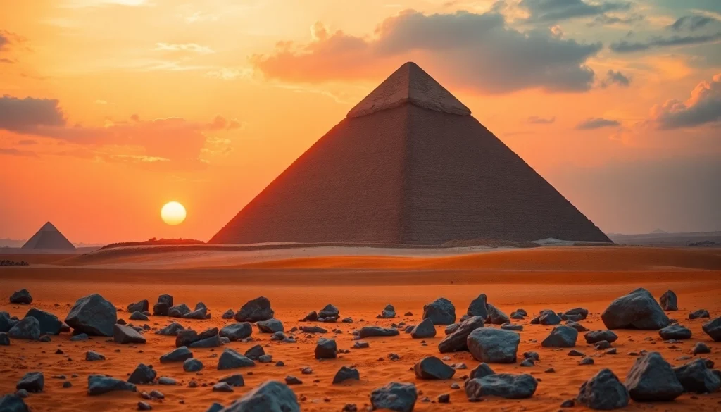 Stunning view of pyramids in Egypt at sunset, capturing their majestic beauty and ancient mystery.