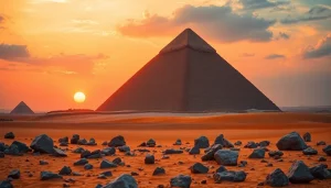 Stunning view of pyramids in Egypt at sunset, capturing their majestic beauty and ancient mystery.