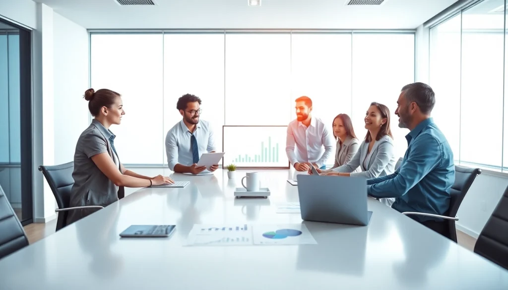 Illustration of growth strategy trends with professional team in collaboration.