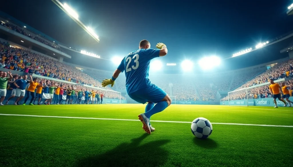 Visual of dynamic gameplay with a focus on บานผลบอล showcasing a goalkeeper in a vibrant stadium.