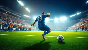 Visual of dynamic gameplay with a focus on บานผลบอล showcasing a goalkeeper in a vibrant stadium.