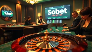 Sbobet betting at a luxurious casino table with poker chips and a roulette wheel.
