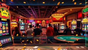 Exciting 'slot demo mahjong' action in a vibrant casino with colorful machines and betting slips.