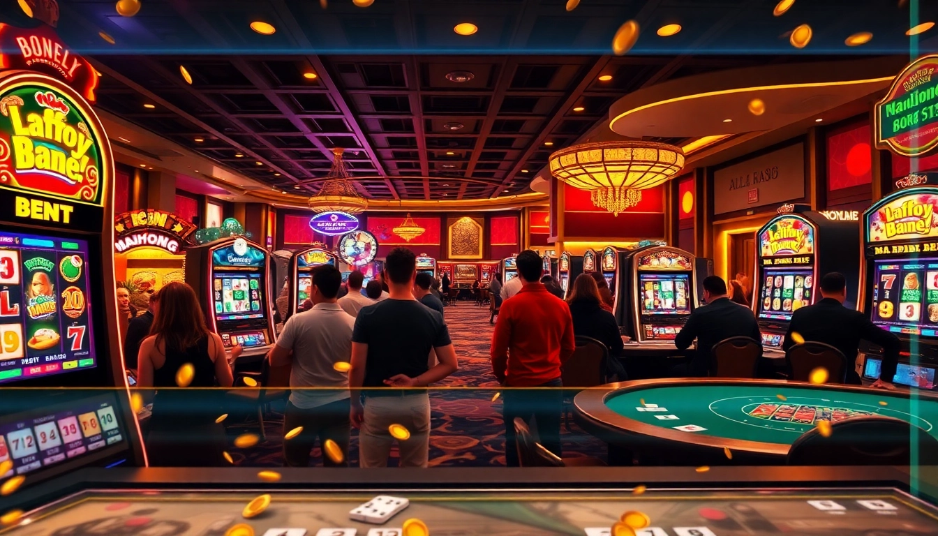 Exciting 'slot demo mahjong' action in a vibrant casino with colorful machines and betting slips.