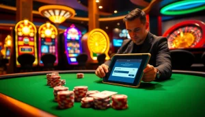 Engaging gamblers with sbobet login at a glamorous casino table filled with chips and cards.