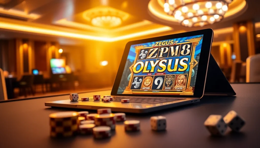 Play the Olympus slot game in a luxurious casino setting with chips and tablets.