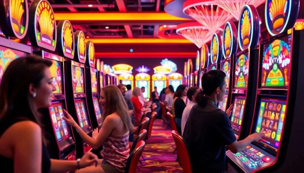 Bermain slot depo 1k di kasino yang ramai dan penuh warna dengan banyak mesin slot berkilau.