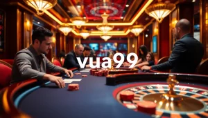 Exciting high stakes poker scene at a casino capturing the essence of vua99 gambling thrill.