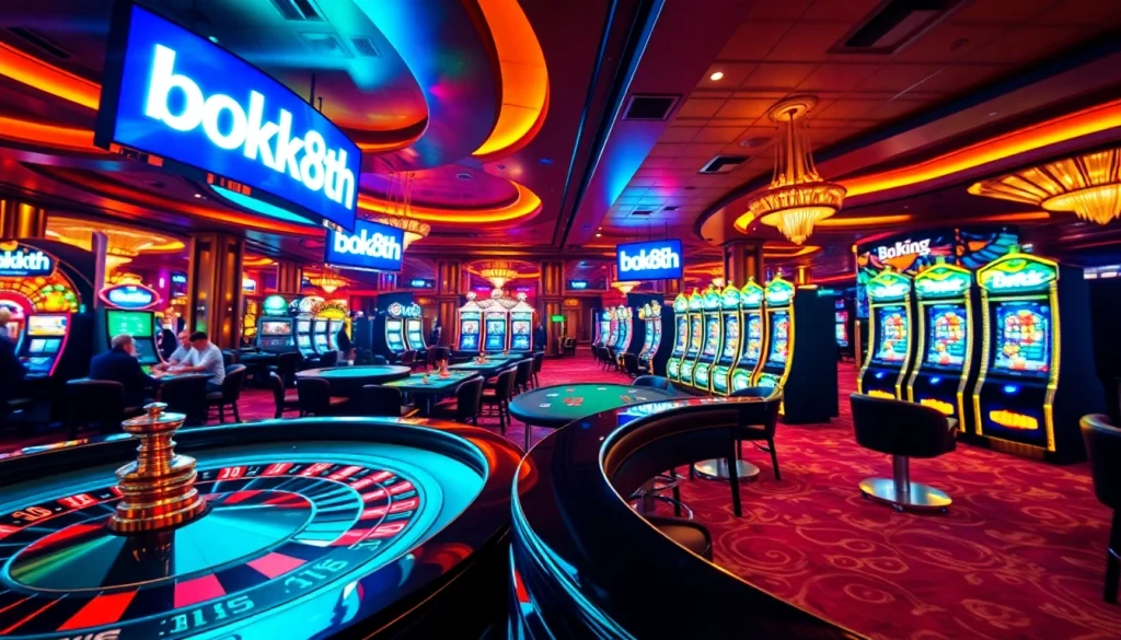 Engaging scene of casino activities highlighting bk8th with roulette, poker, and slot machines.