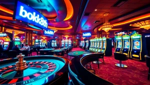 Engaging scene of casino activities highlighting bk8th with roulette, poker, and slot machines.