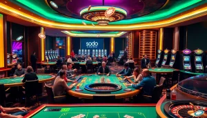 Players enjoying an exciting game at SODO Casino, with vibrant tables and glowing slot machines.