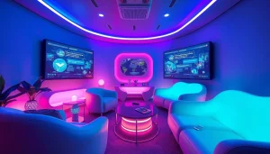 Engage in NSFW AI chat in a futuristic lounge with interactive displays.