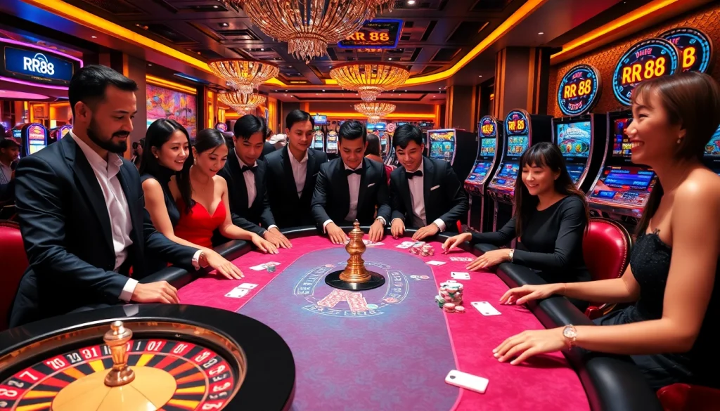 Exciting RR 88 casino atmosphere with players enjoying poker and slot machines.