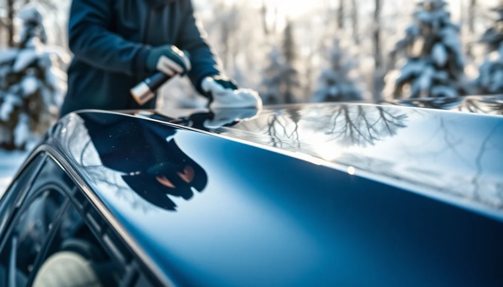 Enhancing winter car protection Chattanooga with professional detailing amidst a snowy backdrop.