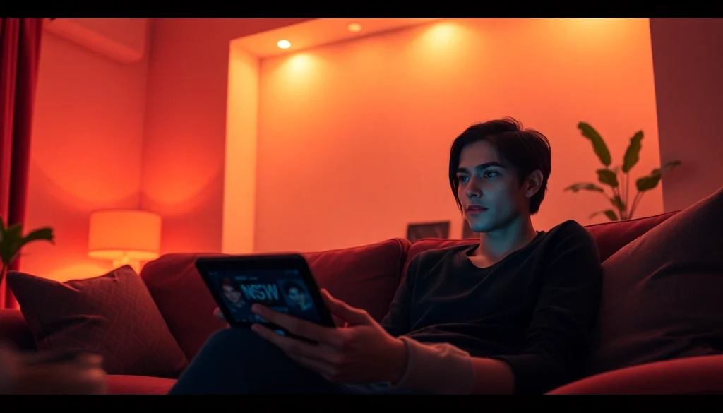 Engaging in intimate conversation with an NSFW AI chatbot in a cozy, modern living room setting.