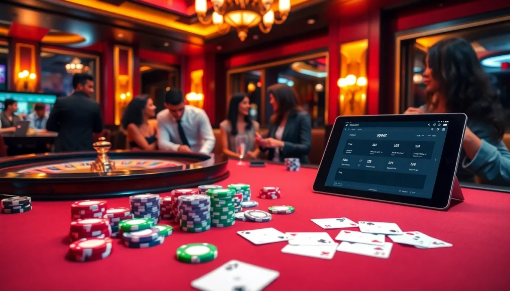 Engaging casino scene illustrating link alternatif sbobet with players at a betting table.