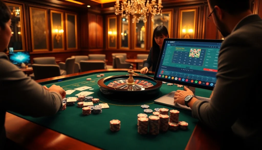 Sports betting excitement with SBOBET link alternatif interface displayed on a digital device in a luxurious casino setting.