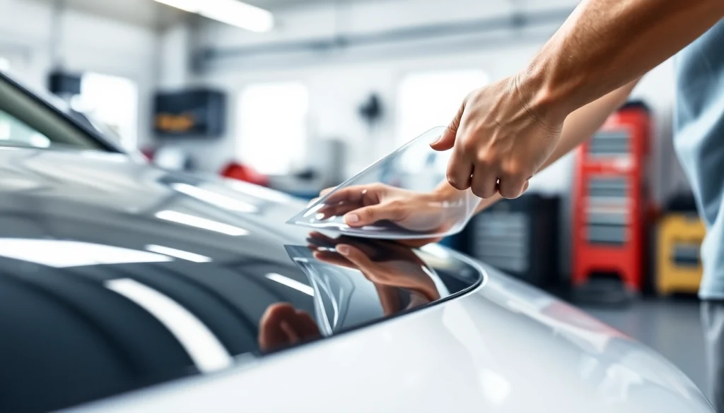 Apply high-quality PPF Chattanooga on a sleek vehicle hood by skilled technicians.