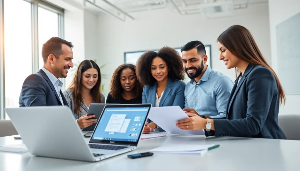 在现代办公室使用WPS官网进行协作，呈现多样化的专业人士与科技元素。