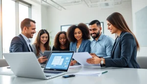 在现代办公室使用WPS官网进行协作，呈现多样化的专业人士与科技元素。