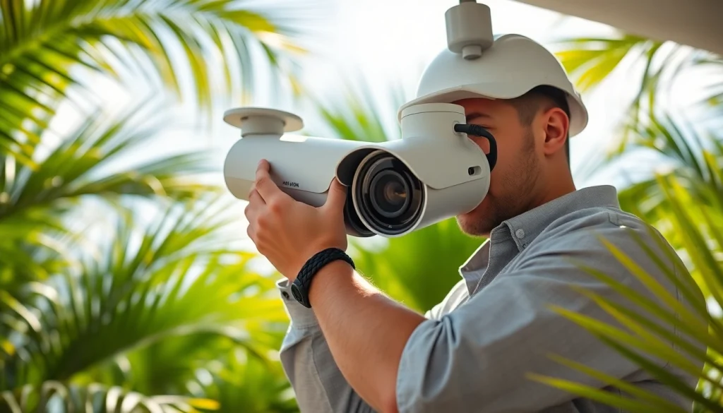 Instalación de cámaras de seguridad en Liberia con un técnico experto ajustando equipos de alta calidad en un entorno tropical.