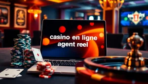 Scène captivante de casino en ligne argent réel avec des jetons de poker et une interface de jeu en ligne.