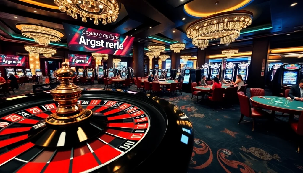 Scène captivante de casino en ligne argent réel avec une roulette, des joueurs et des jetons de poker.