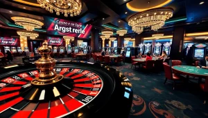 Scène captivante de casino en ligne argent réel avec une roulette, des joueurs et des jetons de poker.