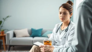 Therapist assisting a young adult facing anxiety symptoms with supportive gestures in a calming environment.