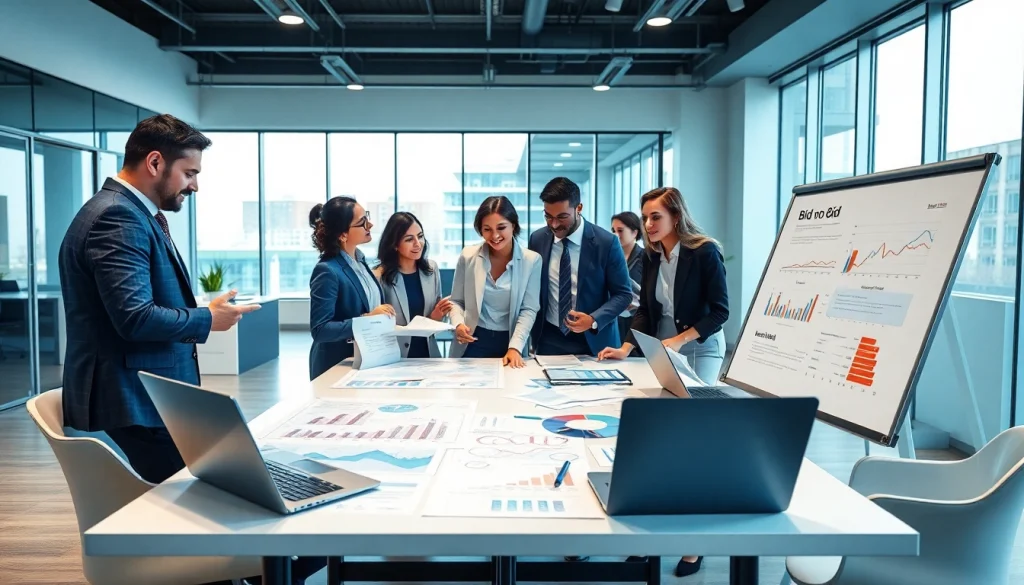 Team engaged in Bid-No-Bid Analysis discussion, showcasing a professional office environment.