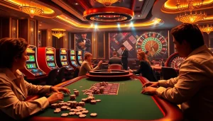 Scène passionnante de casino en ligne argent réel mettant en avant le poker, la roulette et les machines à sous.