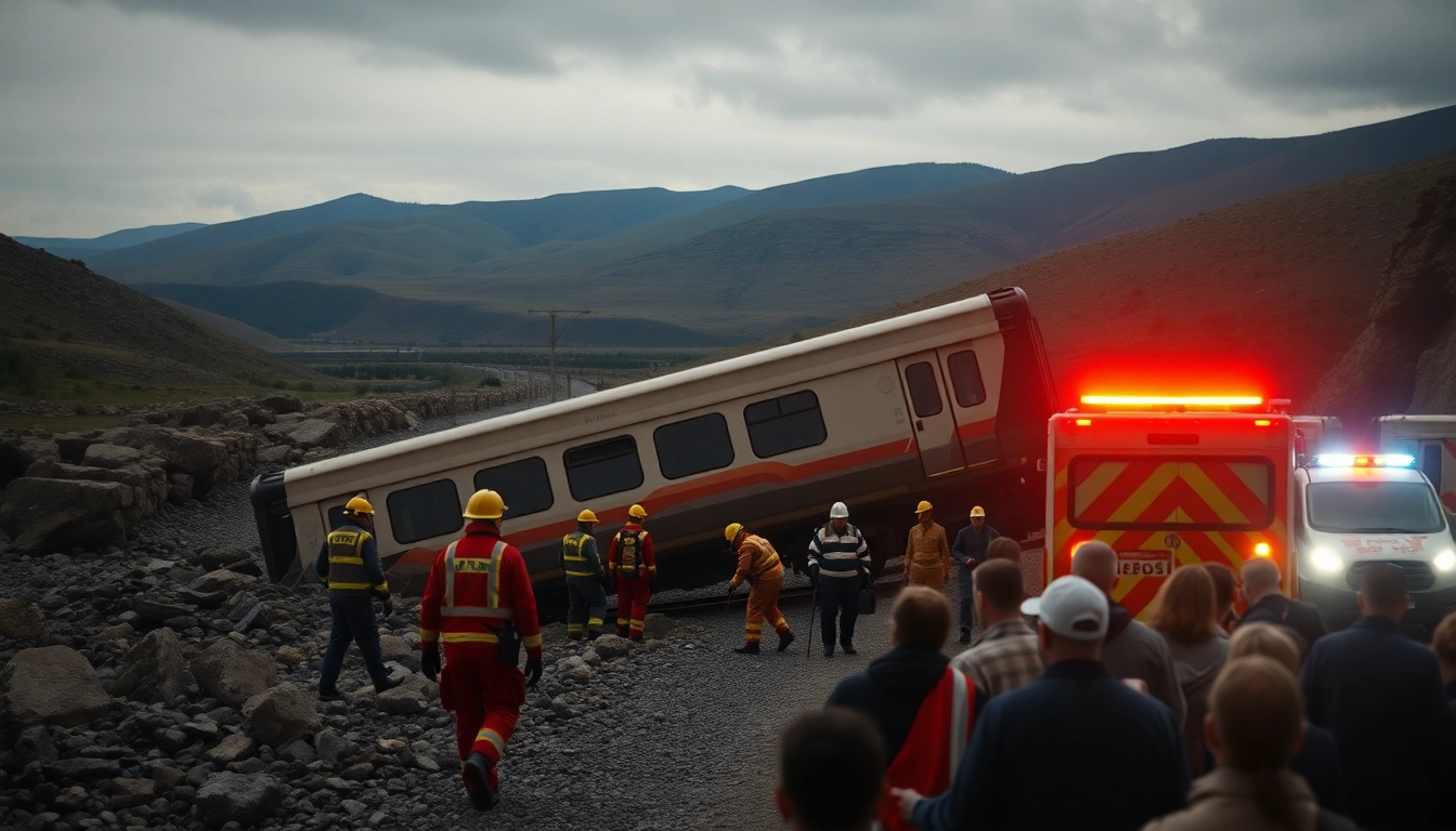 Spain train crash scene showcasing emergency responders amidst the wreckage.