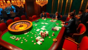 Excited gamblers at a luxury casino betting on bandar mix parlay games, showcasing chips and a roulette wheel.