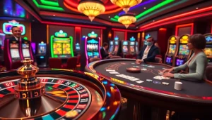 Engage in the thrilling experience of Shbet at an upscale casino with vibrant roulette and blackjack tables.