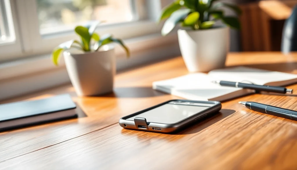 Elegante Handytasche Magnetverschluss auf einem Schreibtisch mit natürlichem Licht.