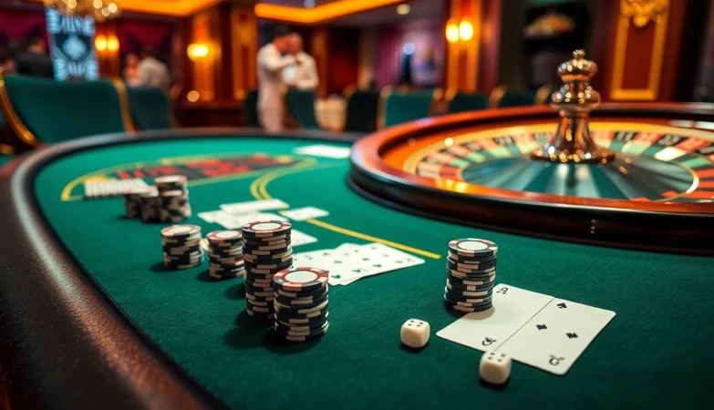 Scène de casino en ligne fiable mettant en avant une table de blackjack avec des cartes élégantes et des jetons de poker.
