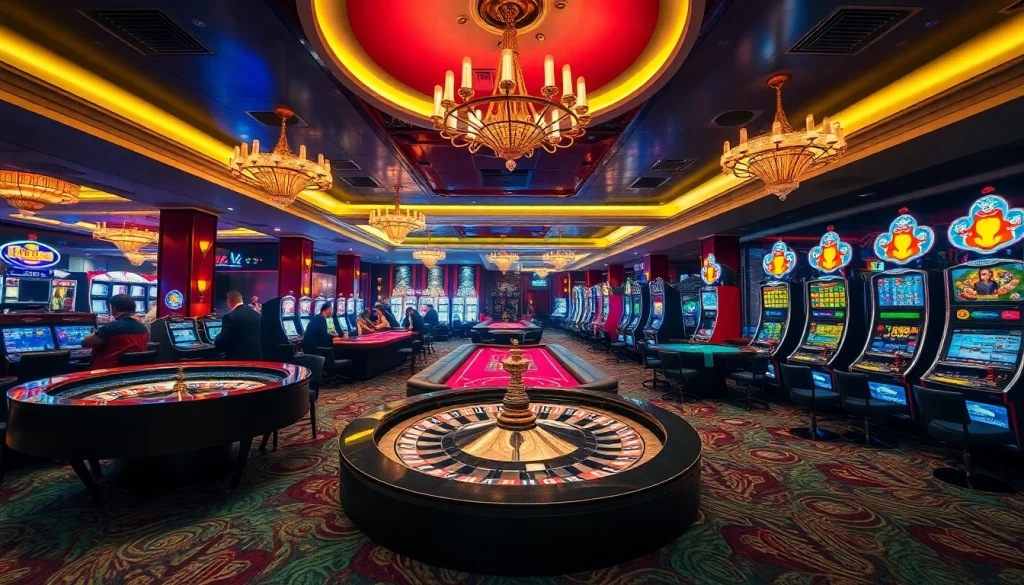 Une scène de casino luxueuse mettant en avant des machines à sous vibrantes et des tables de poker, incarnant l'excitation du casino en ligne argent réel.