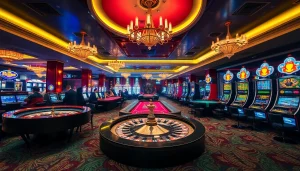 Une scène de casino luxueuse mettant en avant des machines à sous vibrantes et des tables de poker, incarnant l'excitation du casino en ligne argent réel.